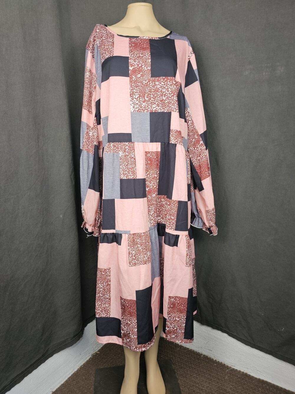 Modest Colorblock Tiered Maxi Dress Plus 4XL Patchwork Pink Long Sleeve Smock